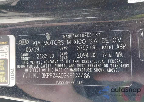 2019 Kia Forte Lxs z USA, uszkodzony, nr VIN 3KPF24AD2KE124486